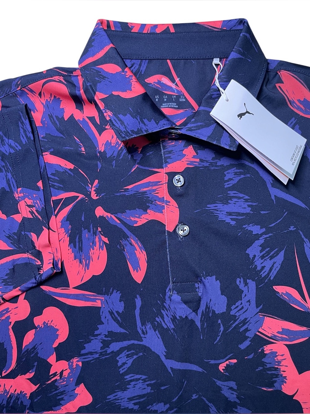 NWT Puma Mattr Men Broken Flower Golf Polo 628828 01 Deep Navy Peach Frost M